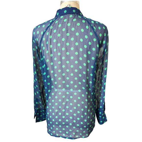 Equipment Femme Silk Navy & Green Polka Dot Button Down Sheer Shirt Size Small - Picture 3 of 5